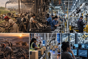 Transformação histórica do processo de trabalho, da grande indústria à automação e robotização.